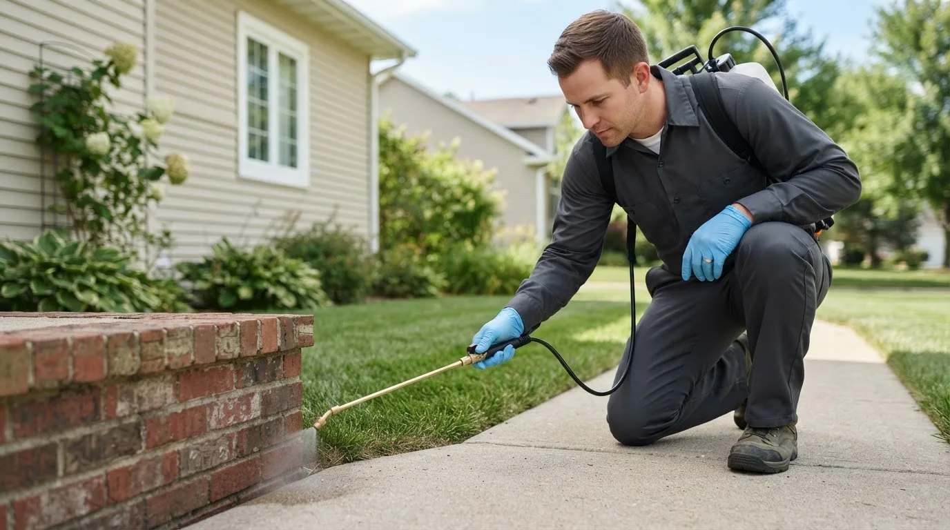Pest control technician treating a home near Lebanon, OH
